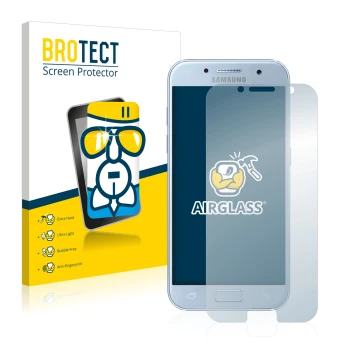 Front side of a product packaging with the brand logo BROTECT. Next to it is the device Samsung Galaxy A5 2017 shown with the 