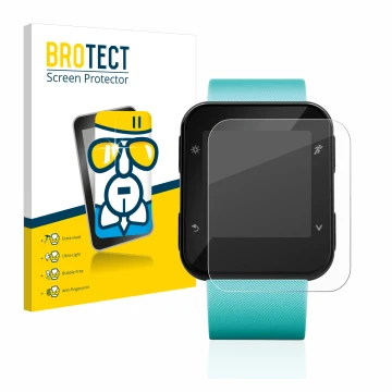 Front side of a product packaging with the brand logo BROTECT. Next to it is the device Garmin Forerunner 35 shown with the co