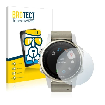 Front side of a product packaging with the brand logo BROTECT. Next to it is the device Garmin Fenix 5S (42 mm) shown with the