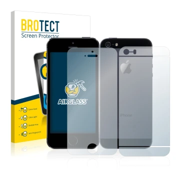 Front side of a product packaging with the brand logo BROTECT. Next to it is the device Apple iPhone 5S (Front+Back) shown wit