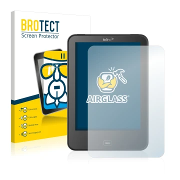 Front side of a product packaging with the brand logo BROTECT. Next to it is the device Tolino Vision 4 HD shown with the corr