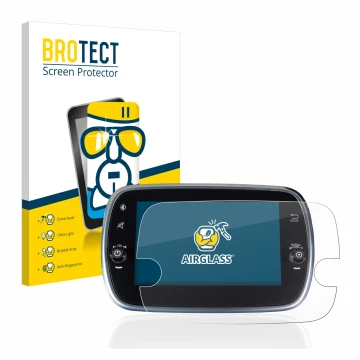 Front side of a product packaging with the brand logo BROTECT. Next to it is the device Fiat 500 Abarth Uconnet 7