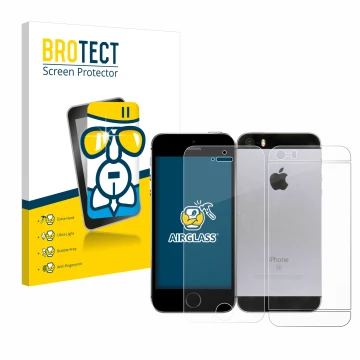 Front side of a product packaging with the brand logo BROTECT. Next to it is the device Apple iPhone SE 2016 (Front+Back) show