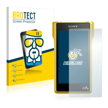 Front side of a product packaging with the brand logo BROTECT. Next to it is the device Sony Walkman NW-WM1A shown with the co