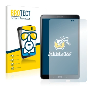 Front side of a product packaging with the brand logo BROTECT. Next to it is the device Samsung Galaxy Tab A 10.1 2016 shown w