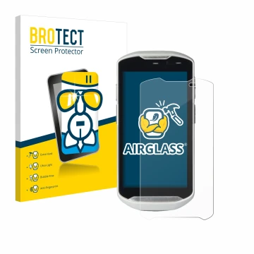 Front side of a product packaging with the brand logo BROTECT. Next to it is the device Zebra TC51 shown with the correspondin