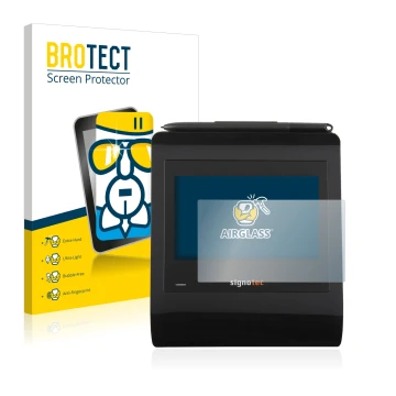 Front side of a product packaging with the brand logo BROTECT. Next to it is the device Signotec Signature Pad Gamma shown wit