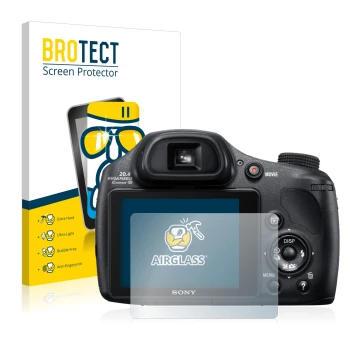 Front side of a product packaging with the brand logo BROTECT. Next to it is the device Sony Cyber-Shot DSC-HX350 shown with t