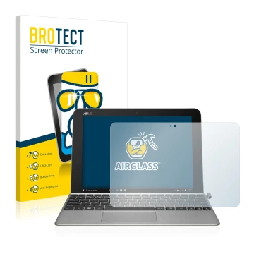 Front side of a product packaging with the brand logo BROTECT. Next to it is the device ASUS Transformer Mini T102HA shown wit