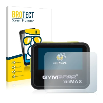 Front side of a product packaging with the brand logo BROTECT. Next to it is the device Gymboss Minimax shown with the corresp