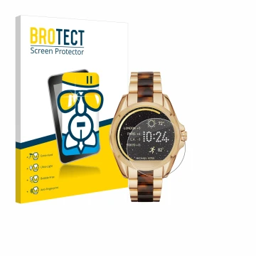 Front side of a product packaging with the brand logo BROTECT. Next to it is the device Michael Kors Access Bradshaw shown wit