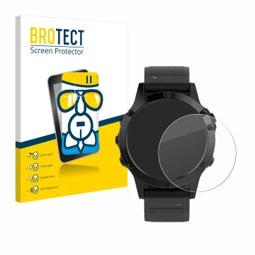 Front side of a product packaging with the brand logo BROTECT. Next to it is the device Garmin Fenix 5 (47 mm) shown with the 