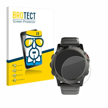 Front side of a product packaging with the brand logo BROTECT. Next to it is the device Garmin Fenix 5X (51 mm) shown with the