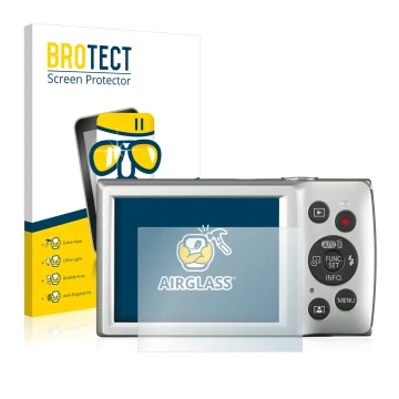 Front side of a product packaging with the brand logo BROTECT. Next to it is the device Canon Digital Ixus 185 shown with the 