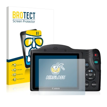 Front side of a product packaging with the brand logo BROTECT. Next to it is the device Canon PowerShot SX430 IS shown with th