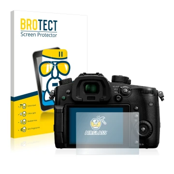 Front side of a product packaging with the brand logo BROTECT. Next to it is the device Panasonic Lumix DC-GH5 shown with the 