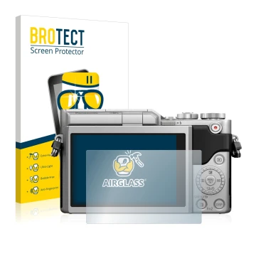 Front side of a product packaging with the brand logo BROTECT. Next to it is the device Panasonic Lumix DC-GX800 shown with th