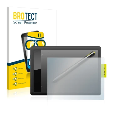 Front side of a product packaging with the brand logo BROTECT. Next to it is the device Wacom One s CTL-471 shown with the cor