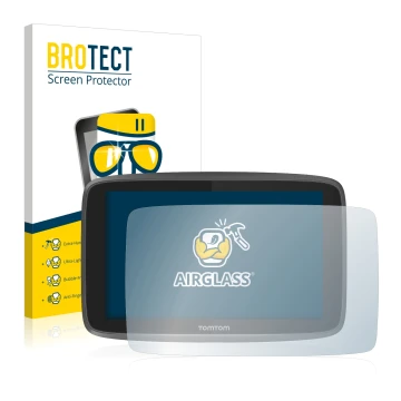 Front side of a product packaging with the brand logo BROTECT. Next to it is the device TomTom Go 6200 shown with the correspo