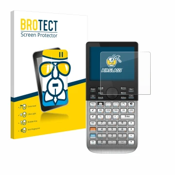 Front side of a product packaging with the brand logo BROTECT. Next to it is the device HP Prime shown with the corresponding 