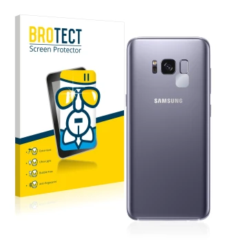 Front side of a product packaging with the brand logo BROTECT. Next to it is the device Samsung Galaxy S8 (ONLY Camera Lens) s