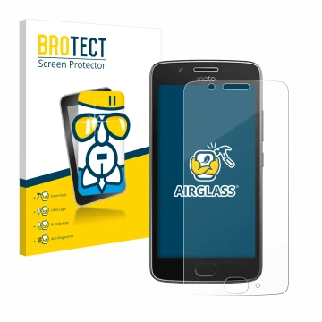Front side of a product packaging with the brand logo BROTECT. Next to it is the device Motorola Moto G5 shown with the corres