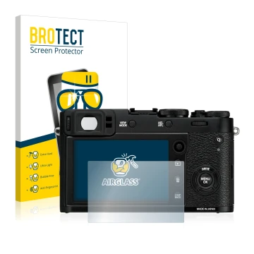 Front side of a product packaging with the brand logo BROTECT. Next to it is the device Fujifilm X100F shown with the correspo