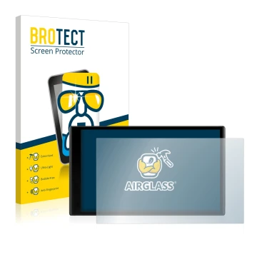 Front side of a product packaging with the brand logo BROTECT. Next to it is the device Garmin DriveSmart 61 LMT-D shown with 