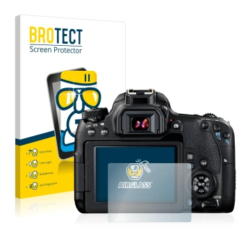 Front side of a product packaging with the brand logo BROTECT. Next to it is the device Canon EOS 77D shown with the correspon