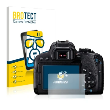 Front side of a product packaging with the brand logo BROTECT. Next to it is the device Canon EOS 800D shown with the correspo