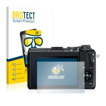 Front side of a product packaging with the brand logo BROTECT. Next to it is the device Canon EOS M6 shown with the correspond