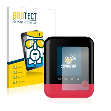 Front side of a product packaging with the brand logo BROTECT. Next to it is the device Polaroid Pop shown with the correspond