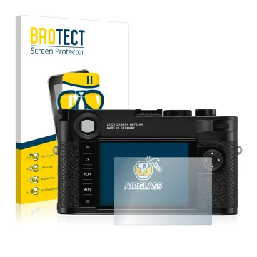 Front side of a product packaging with the brand logo BROTECT. Next to it is the device Leica M10 shown with the corresponding