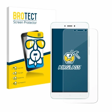 Front side of a product packaging with the brand logo BROTECT. Next to it is the device Xiaomi Redmi 4X shown with the corresp