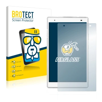 Front side of a product packaging with the brand logo BROTECT. Next to it is the device Lenovo Tab 4 8 Plus shown with the cor