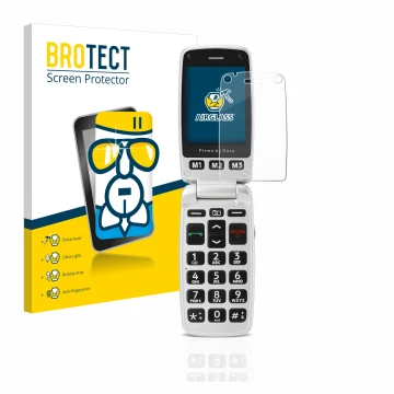 Front side of a product packaging with the brand logo BROTECT. Next to it is the device Doro Primo 413 shown with the correspo