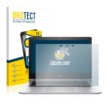 Front side of a product packaging with the brand logo BROTECT. Next to it is the device HP EliteBook x360 1030 G2 shown with t