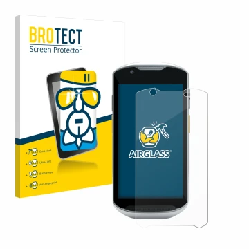 Front side of a product packaging with the brand logo BROTECT. Next to it is the device Zebra TC56 shown with the correspondin