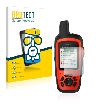 Front side of a product packaging with the brand logo BROTECT. Next to it is the device Garmin inReach Explorer+ shown with th