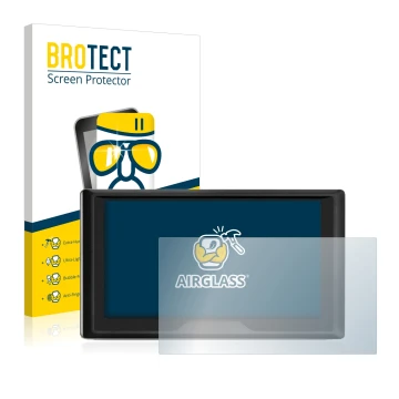 Front side of a product packaging with the brand logo BROTECT. Next to it is the device Garmin Drive 61 LMT-S shown with the c