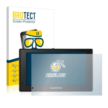 Front side of a product packaging with the brand logo BROTECT. Next to it is the device Garmin DriveSmart 51 LMT-D shown with 