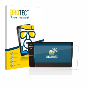 Front side of a product packaging with the brand logo BROTECT. Next to it is the device Volkswagen Golf 7 Discover Pro 9.2