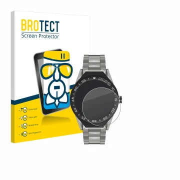 Front side of a product packaging with the brand logo BROTECT. Next to it is the device TAG Heuer Connected Modular 45 shown w