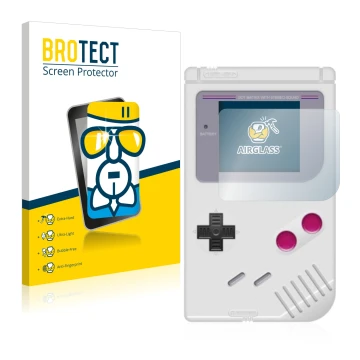 Front side of a product packaging with the brand logo BROTECT. Next to it is the device Nintendo Gameboy (1989) shown with the