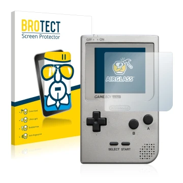 Front side of a product packaging with the brand logo BROTECT. Next to it is the device Nintendo Gameboy Pocket shown with the