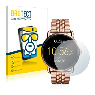 Front side of a product packaging with the brand logo BROTECT. Next to it is the device Fossil Q Wander shown with the corresp