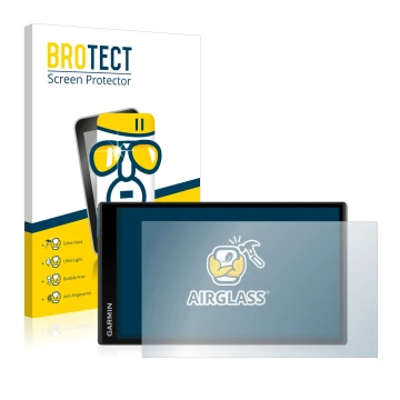 Front side of a product packaging with the brand logo BROTECT. Next to it is the device Garmin Camper 770 LMT-D shown with the
