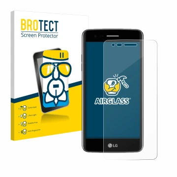 Front side of a product packaging with the brand logo BROTECT. Next to it is the device LG K8 2017 shown with the correspondin
