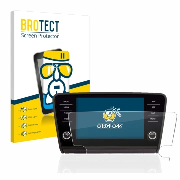 Front side of a product packaging with the brand logo BROTECT. Next to it is the device Skoda Octavia 2017 Infotainment System