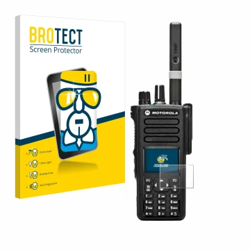 Front side of a product packaging with the brand logo BROTECT. Next to it is the device Motorola DP4800 shown with the corresp